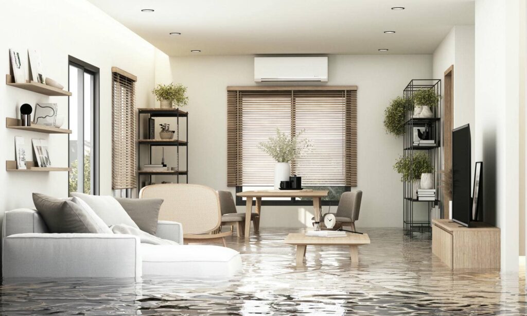 Living room flooded with water covering the floor around furniture and decor.
