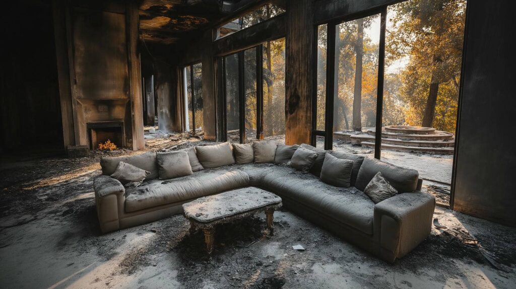 Burned living room with a dusty sectional sofa and coffee table near a fireplace and large windows.