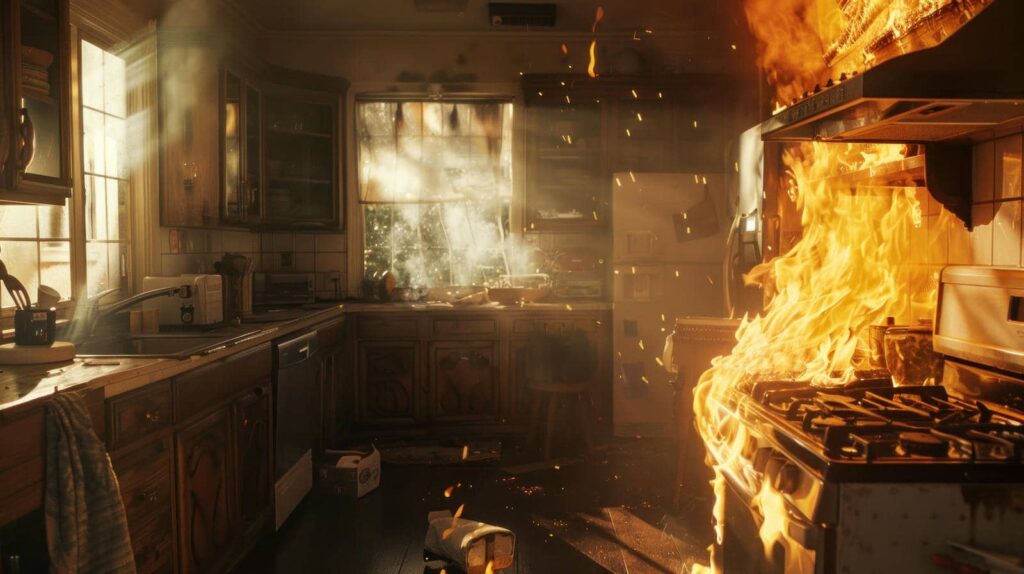 Kitchen stove engulfed in flames with smoke and sparks filling the room.