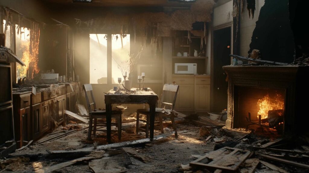 Burned kitchen with charred furniture and a fire still burning in the fireplace.