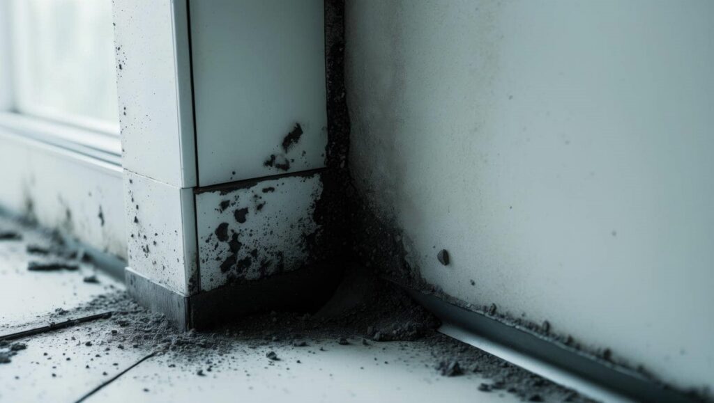 Corner of a room with black mold and dirt buildup on the wall and floor.