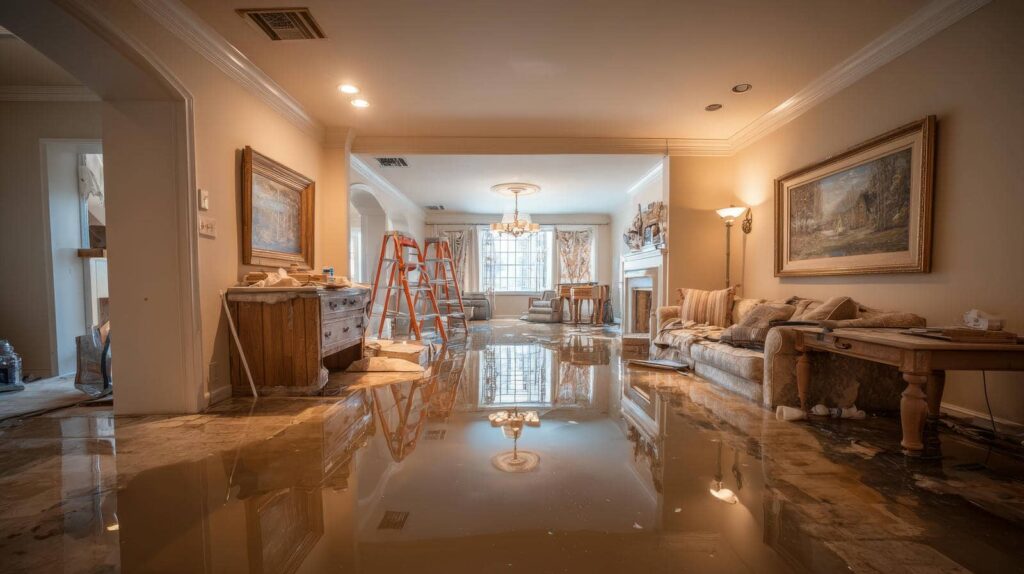 Living room with furniture partially submerged in floodwater reflecting the ceiling lights and windows.