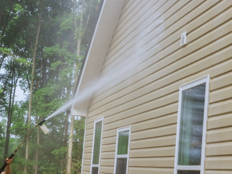 Person using a pressure washer to clean the side of a beige house. post-construction cleaning services