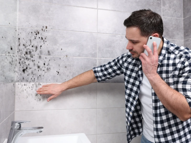 Man inspecting mold on bathroom wall while talking on phone.