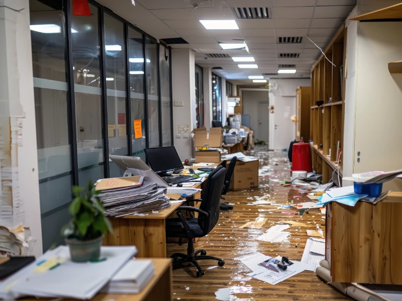 Office corridor with flooded floor, scattered papers, and desks with computers and chairs. commercial water damage restoration