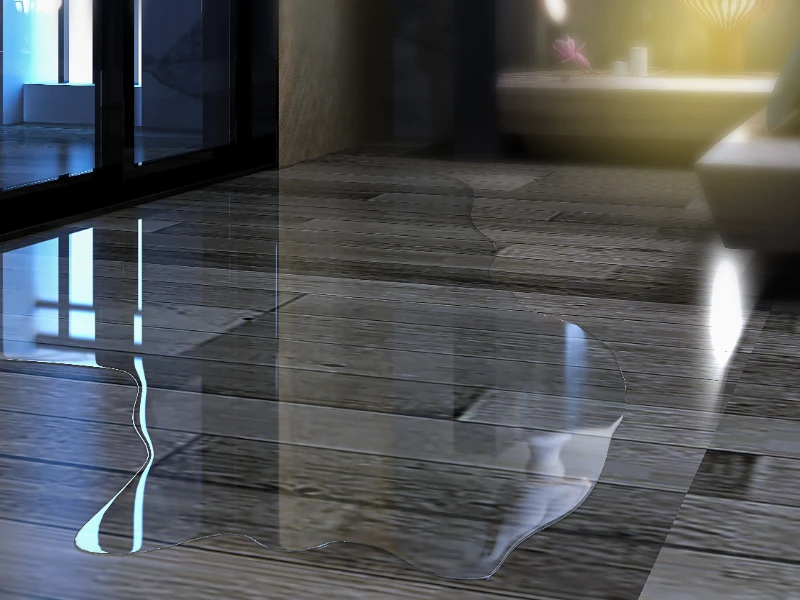Water pooled on a shiny wooden floor near glass doors in a dimly lit room. emergency water damage restoration